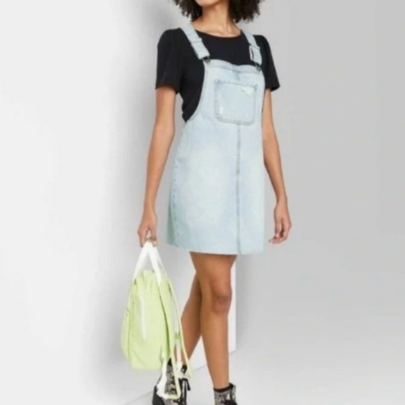 WILD Fable Pinafore Light Wash Distressed Denim Overalls Mini Dress Size XL - Picture 2 of 11